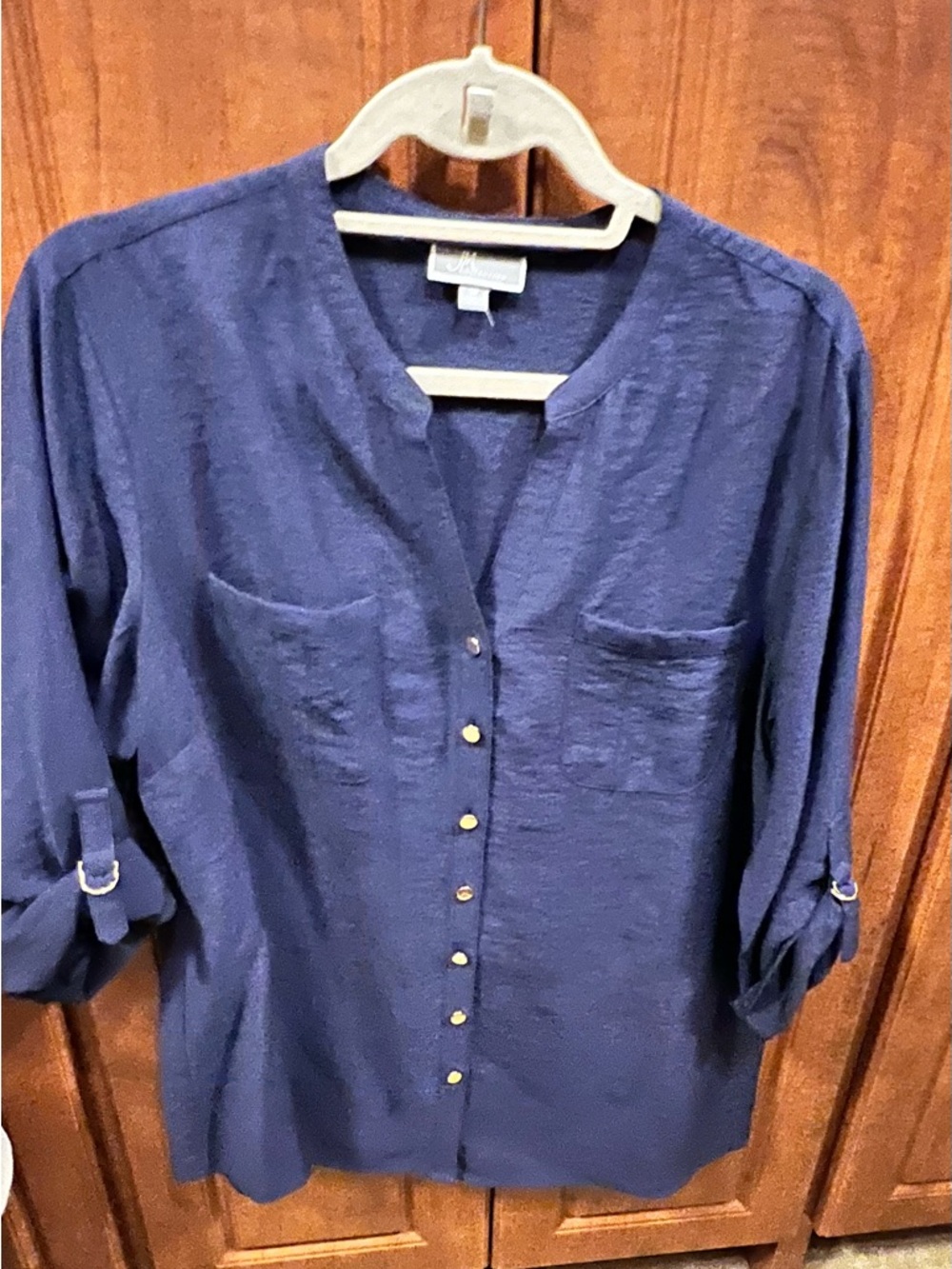 JM Collection Navy Button-Front Roll-Tab Sleeve Blouse